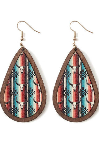 Western Style Aztec Cactus Bulls Wood Earrings