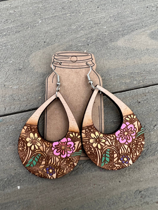 Floral Engraved Hand painted Wood Earrings