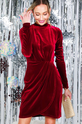 ***CLEARANCE***Mock Neck Wrap-Front Bodycon Velvet Mini Dress VD81997