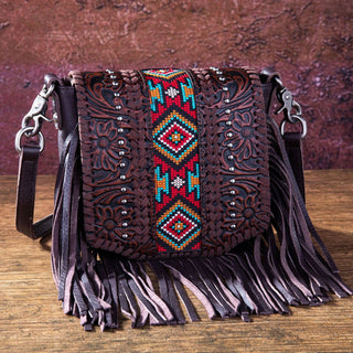 RLC-L166 Montana West Genuine Leather Tooled Collection Fringe Crossbody