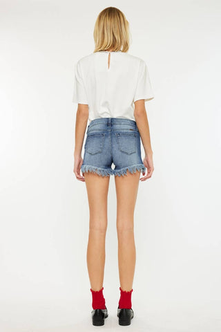 KAN CAN DENIUM SHORTS MID RISE FRAY HEM SHORTS