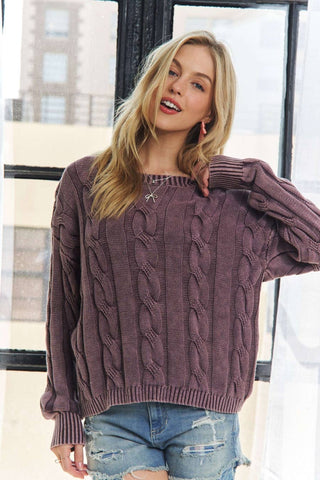 ADORA MINERAL PLUM  WASHED CABLE KNIT SWEATER TOP