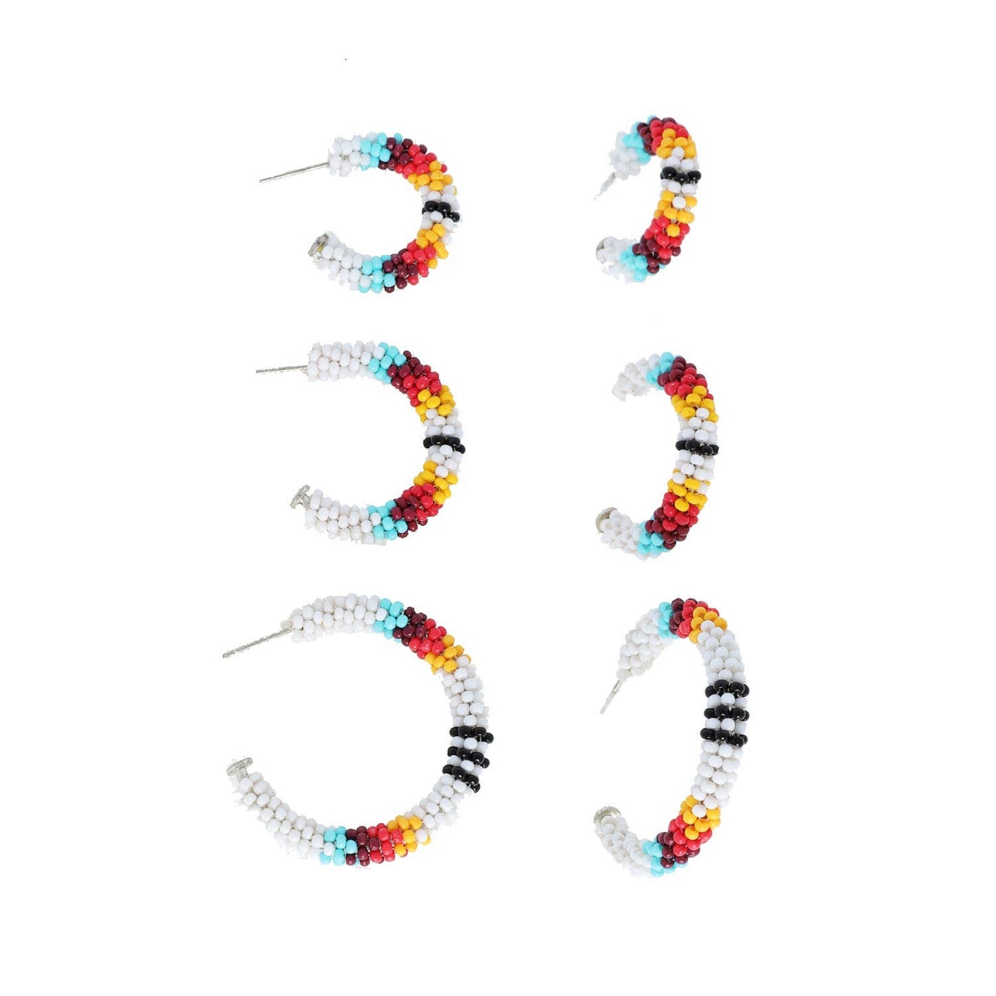 3-Pair Beaded Native American Style Open Hoop Earrings Set Sophia collection