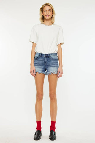 KAN CAN DENIUM SHORTS MID RISE FRAY HEM SHORTS