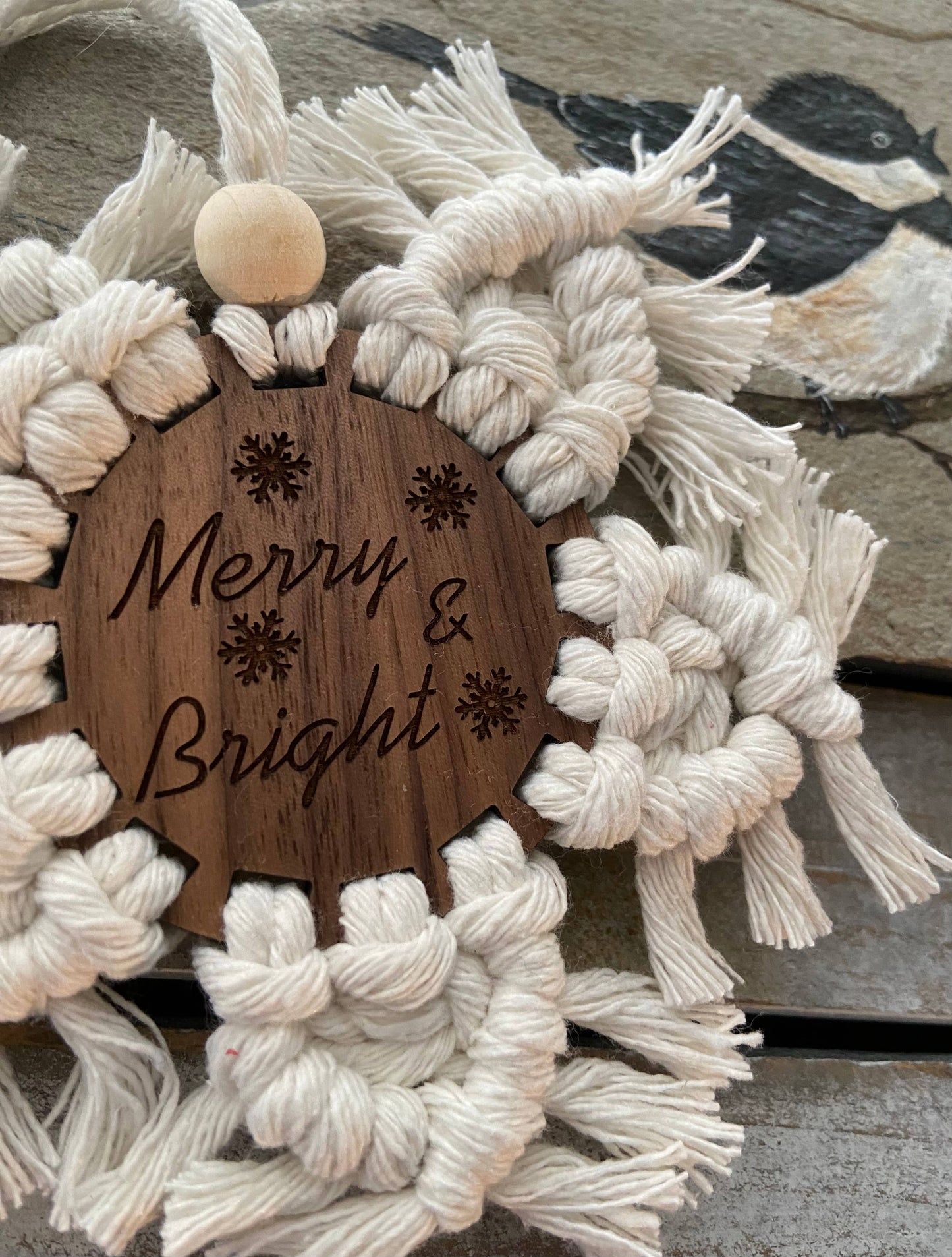 Macrame Christmas snowflake ornament - merry & bright