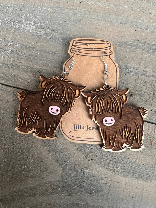 Highland Cow Western Hand Painted Wood Cutout Earrings