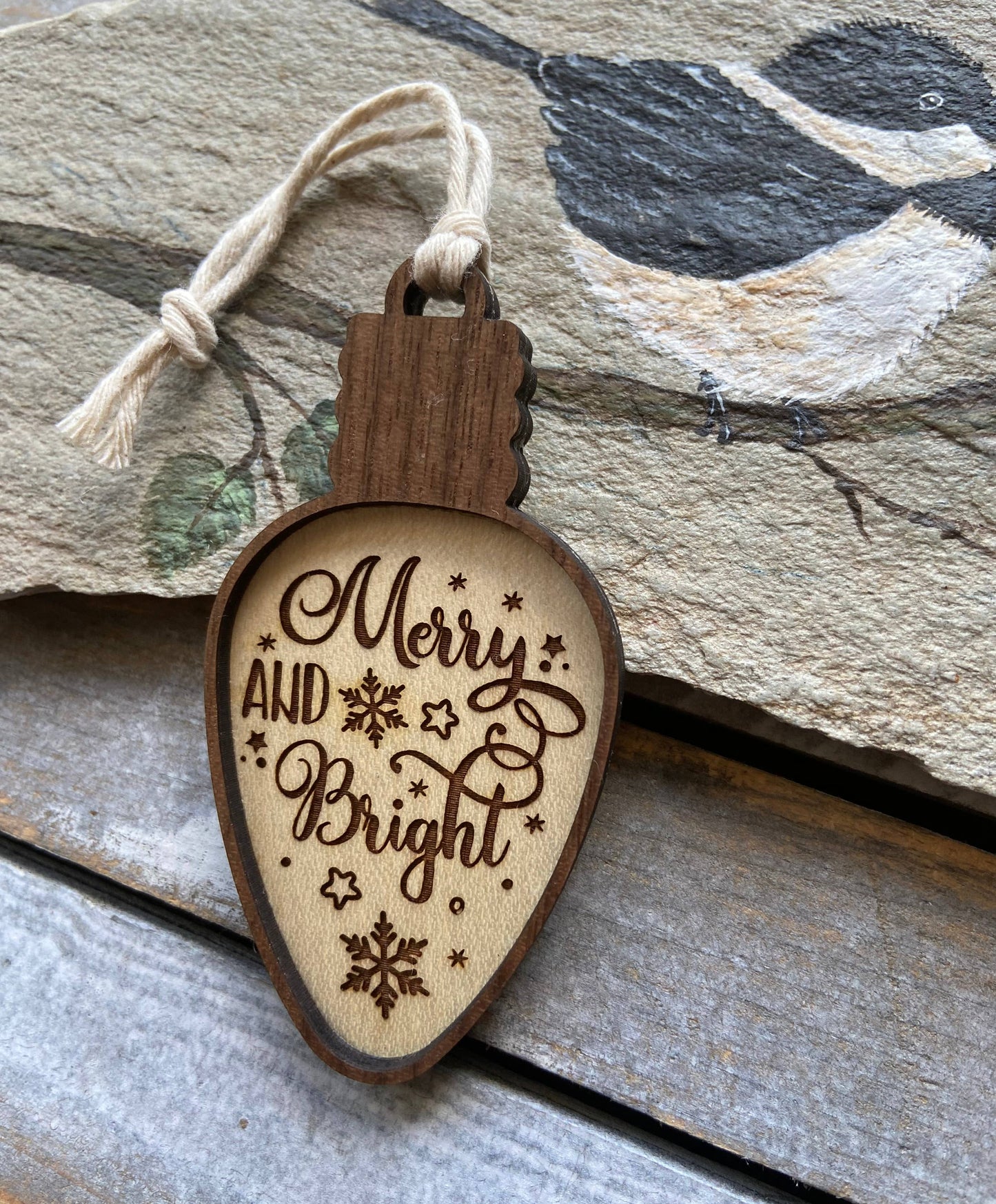 Christmas ornament, wooden 2D ornament, merry & bright