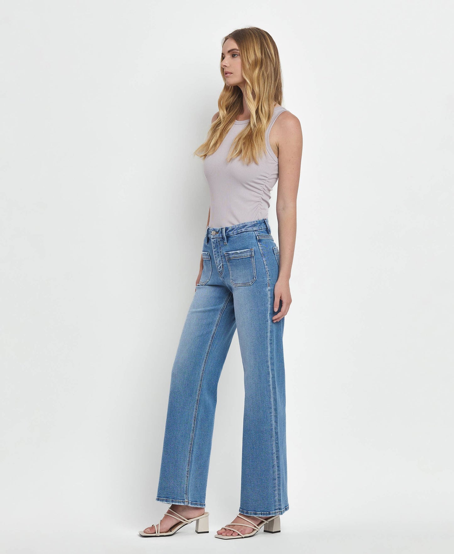 LOVERVET BY VERVET HIGH RISE PATCH POCKET WIDE LEG JEANS LV1479