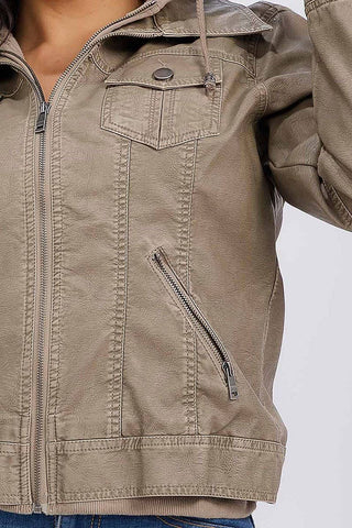 Faux leather REMOVABLE HOODED POCKETS ZIP UP JACKET