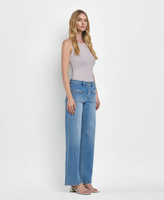 LOVERVET BY VERVET HIGH RISE PATCH POCKET WIDE LEG JEANS LV1479