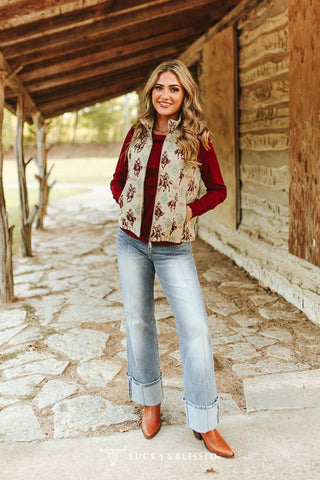 Cream Rodeo Cowboy Printed Quilted Zip-Up Vest
