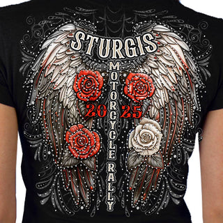 *CLEARANCE* 2025 Sturgis Motorcycle Rally Leather Wings Black Ladies Tee