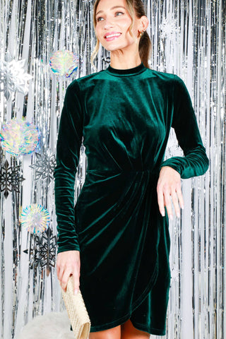 ***CLEARANCE***Mock Neck Wrap-Front Bodycon Velvet Mini Dress VD81997