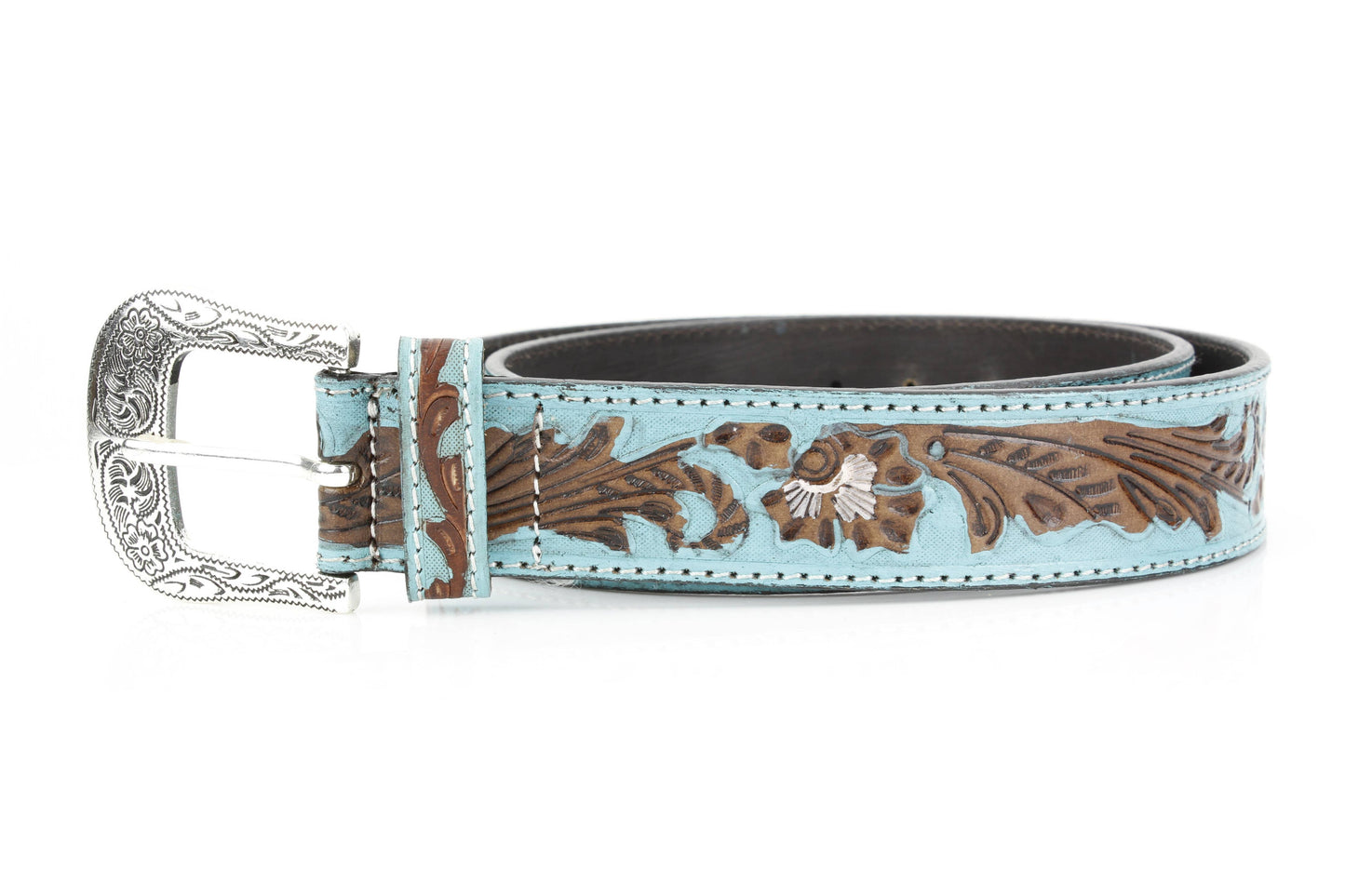 Turquoise Tooled Floral Belt Brown Accents ABB WST 09