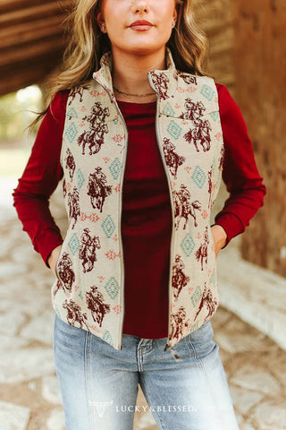 Cream Rodeo Cowboy Printed Quilted Zip-Up Vest