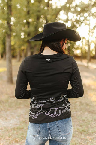Black Western Rhinestone Pressed Detail Long Sleeve Shirt