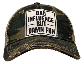 Bad Influence But Damn Fun Distressed Trucker Hat Snarky