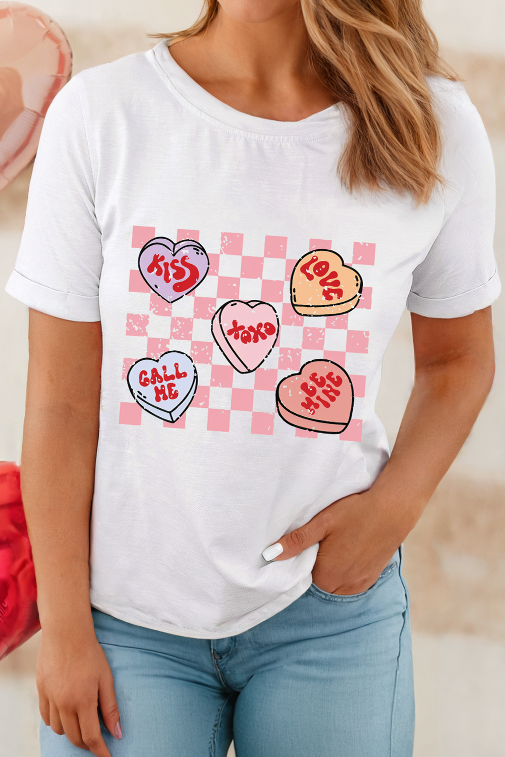 LDC Checkered Valentines Heart Printed Crewneck T Shirt