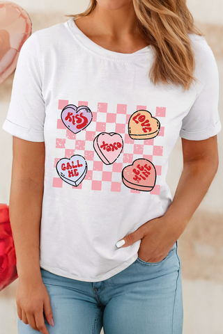 Checkered Valentines Heart Printed Crewneck T Shirt
