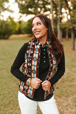 Black Multi Aztec Quilted Lined Zip-up Vest