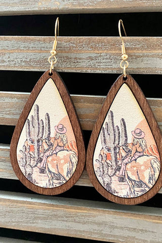 Western Style Aztec Cactus Bulls Wood Earrings