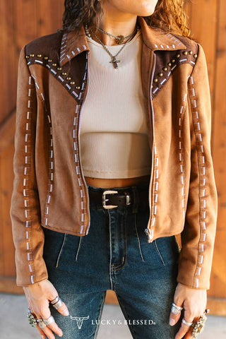 Brown Western Buckstitch Studded Faux Suede Jacket