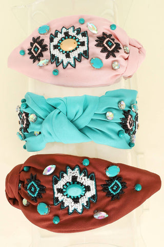 Western Aztec Design Top Knotted Beaded Headband