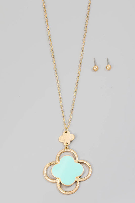 Layered Epoxy Clover Pendant Long Necklace Set