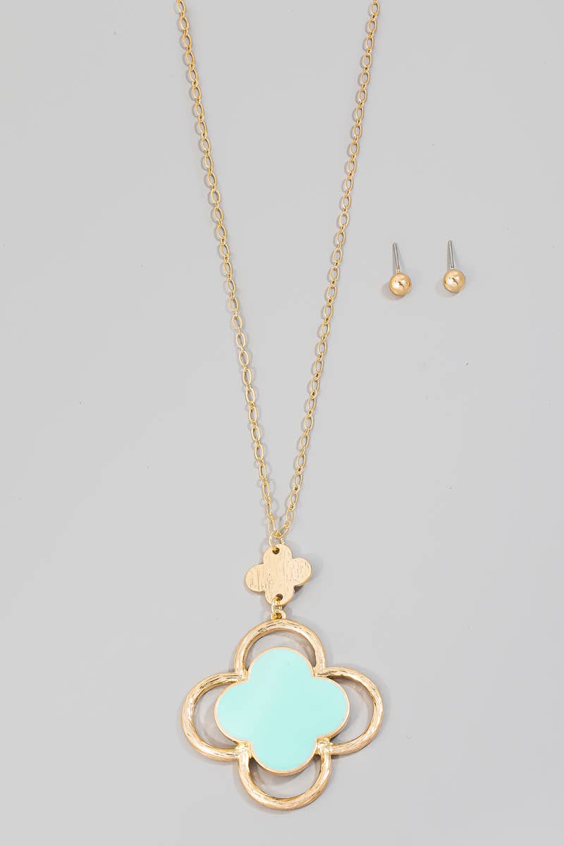 Layered Epoxy Clover Pendant Long Necklace Set