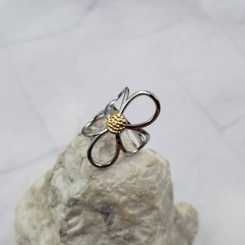 Stainless Steel Large Floral Ring - Adjustable