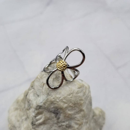 Stainless Steel Large Floral Ring - Adjustable