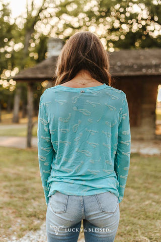 Turquoise Western Burnout mesh Sleeve Top
