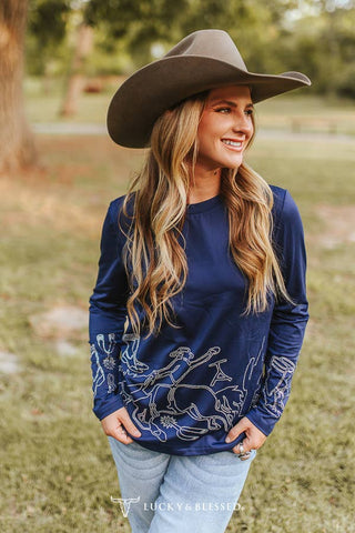 Navy Western Rhinestone Pressed Detail Long Sleeve Shirt