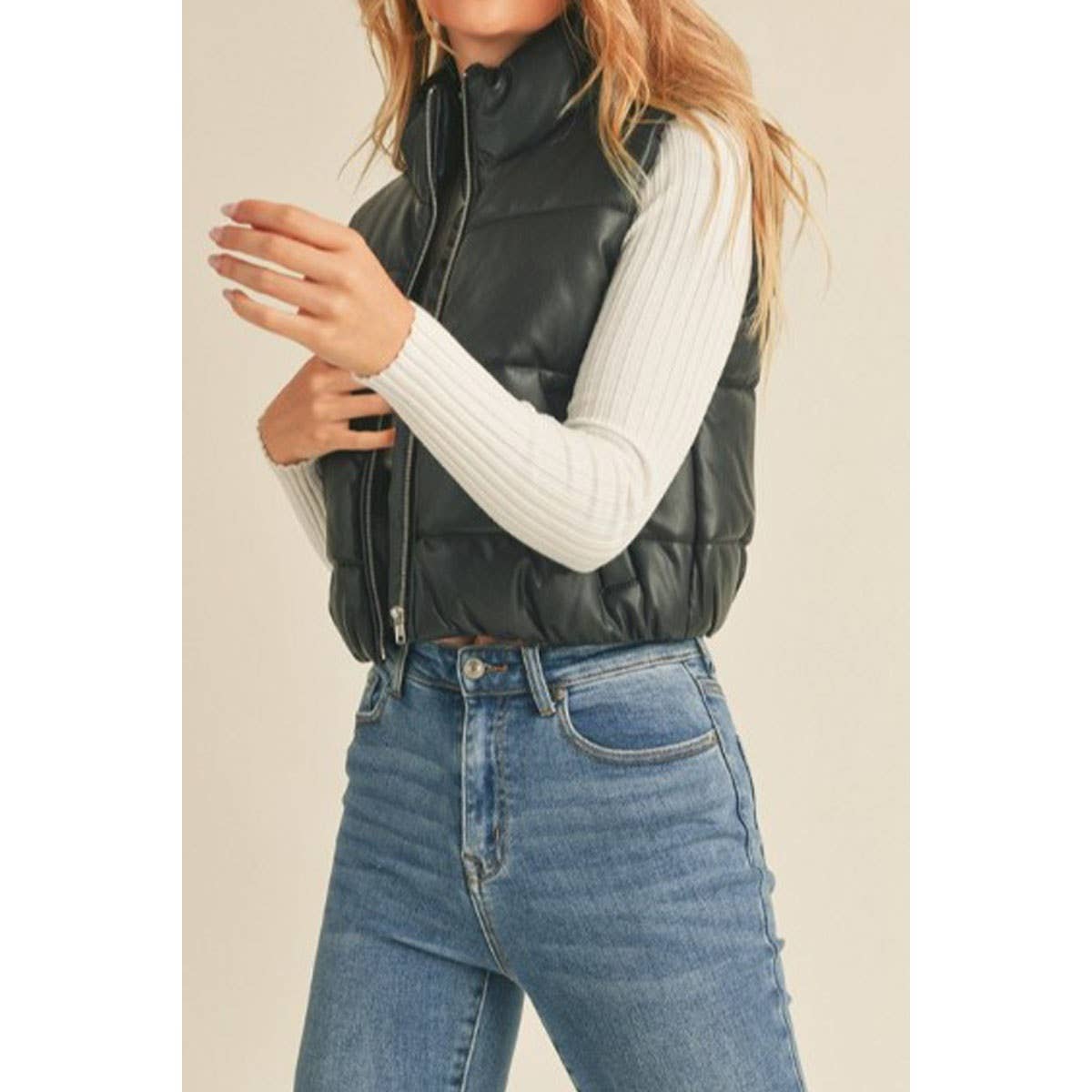 FAUX LEATHER HIGH NECK ZIP UP PUFFER VEST