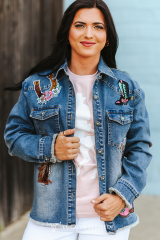 Plus Mid Wash Elevated Western Patch Denim Jacket