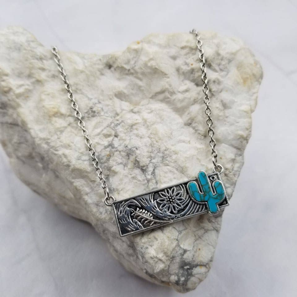 Western Turquoise Cactus Bar Necklace