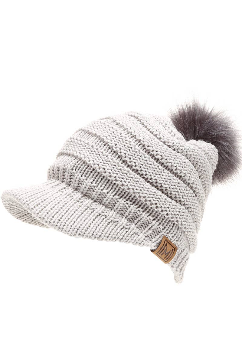 Women's Knit Visor Pom Beanie Hat  with Lining