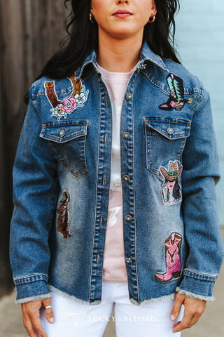 Plus Mid Wash Elevated Western Patch Denim Jacket