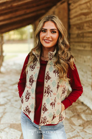 Cream Rodeo Cowboy Printed Quilted Zip-Up Vest