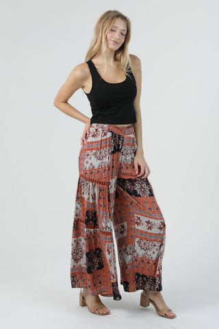 PRINTED WIDE LEG FLARE PANTS WITH LACE TRIM