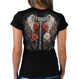 *CLEARANCE* 2025 Sturgis Motorcycle Rally Leather Wings Black Ladies Tee