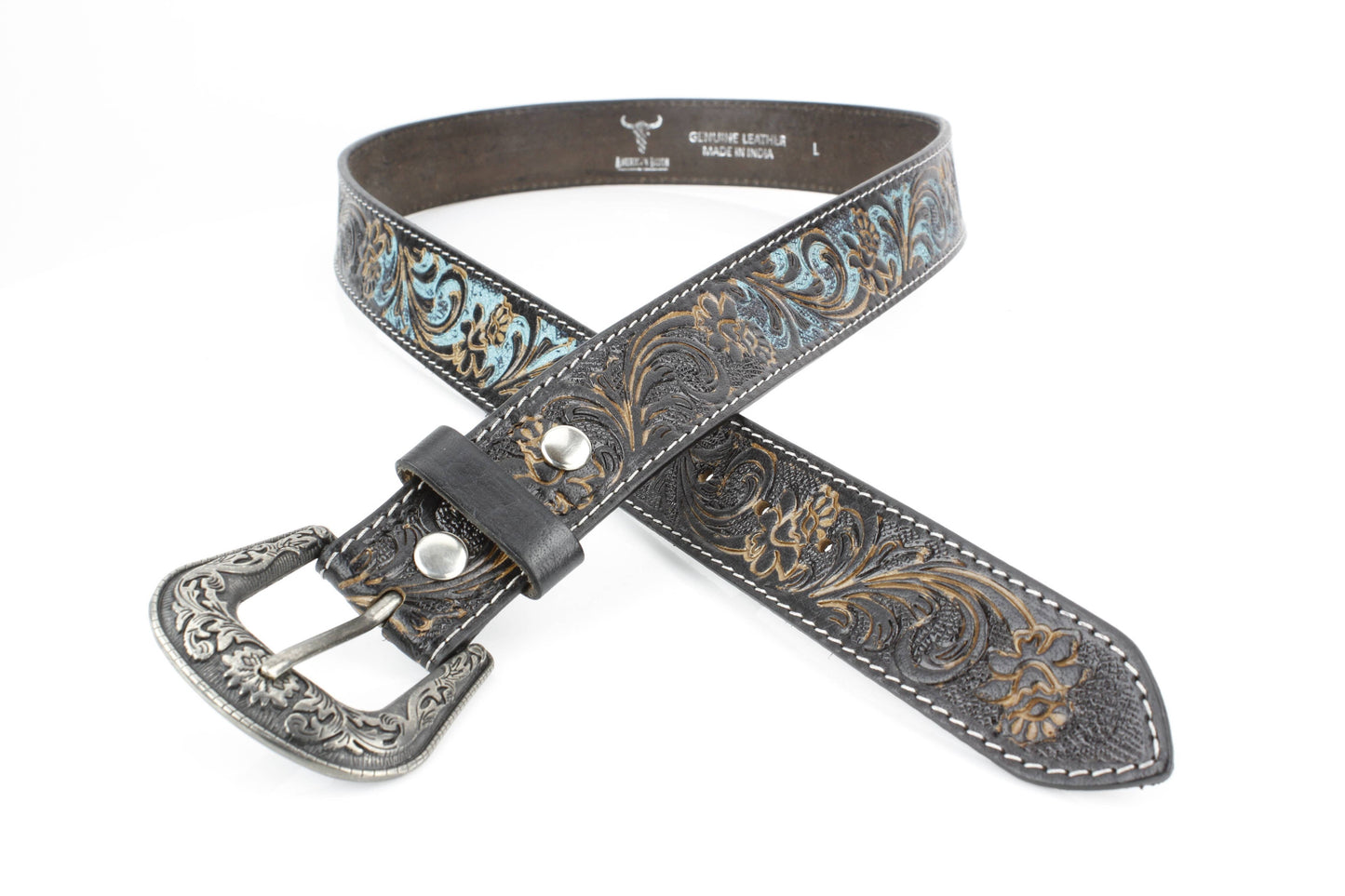 Black Tooled Leather Belt Camel Turquoise ABB 14-2622