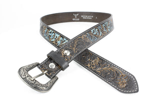 Black Tooled Leather Belt Camel Turquoise ABB 14-2622