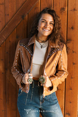 Brown Western Buckstitch Studded Faux Suede Jacket