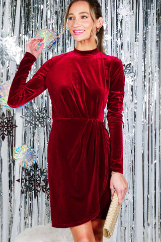 ***CLEARANCE***Mock Neck Wrap-Front Bodycon Velvet Mini Dress VD81997