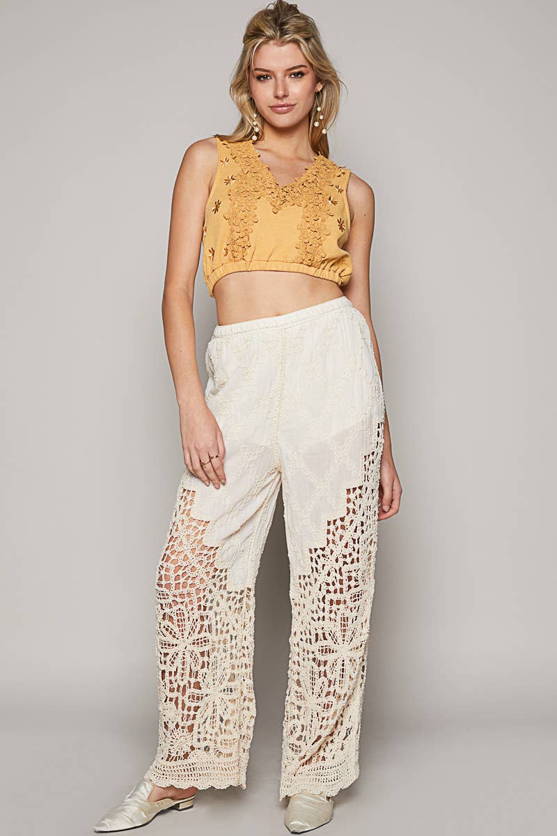 POL Elastic waistband straight crochet pants