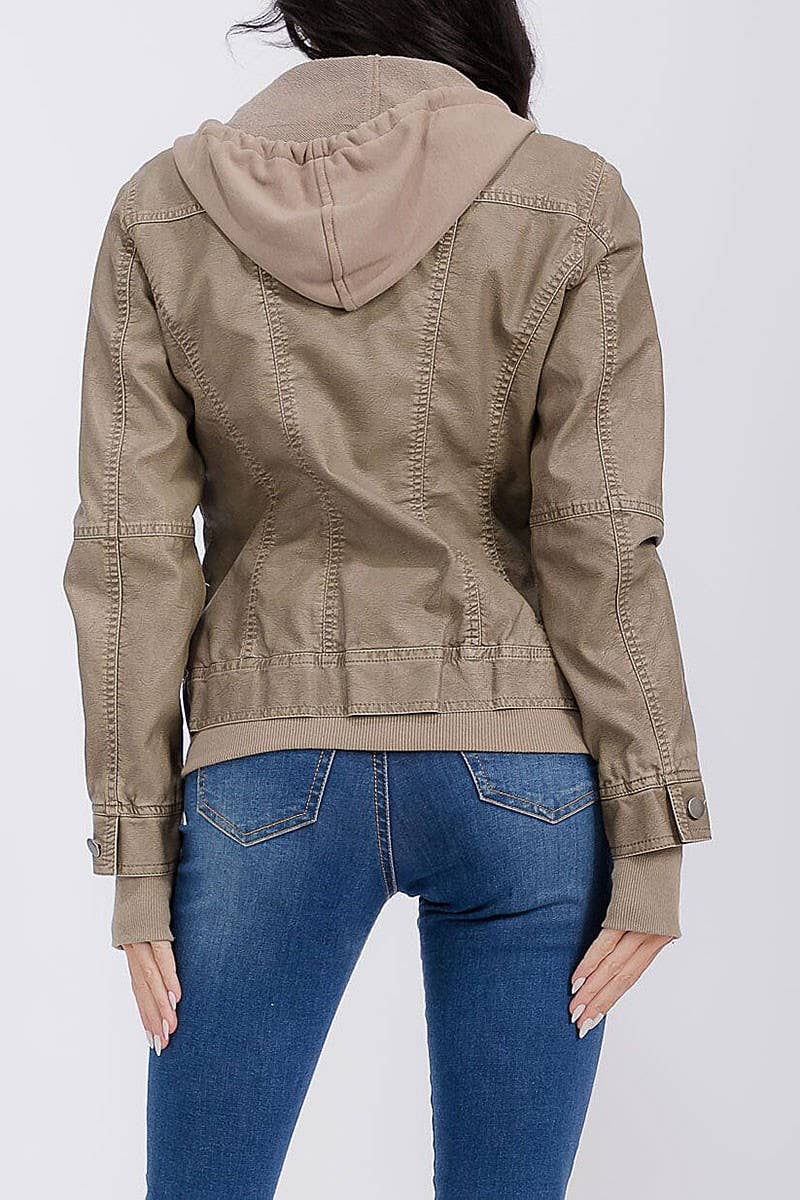 Faux leather REMOVABLE HOODED POCKETS ZIP UP JACKET