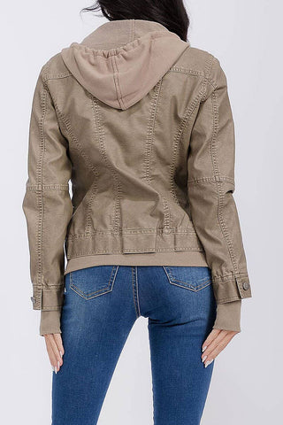 Faux leather REMOVABLE HOODED POCKETS ZIP UP JACKET