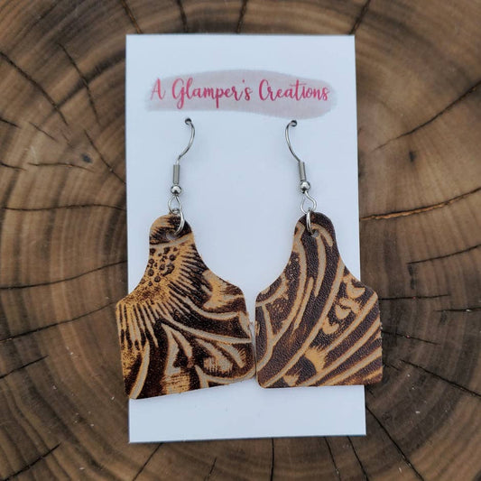 Brown Western Floral Cow Tag Leather Earrings