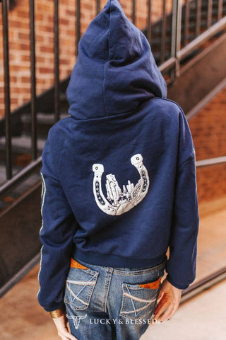 Midnight Navy Blue Rope Drawstring Crop Zip Up Hoodie